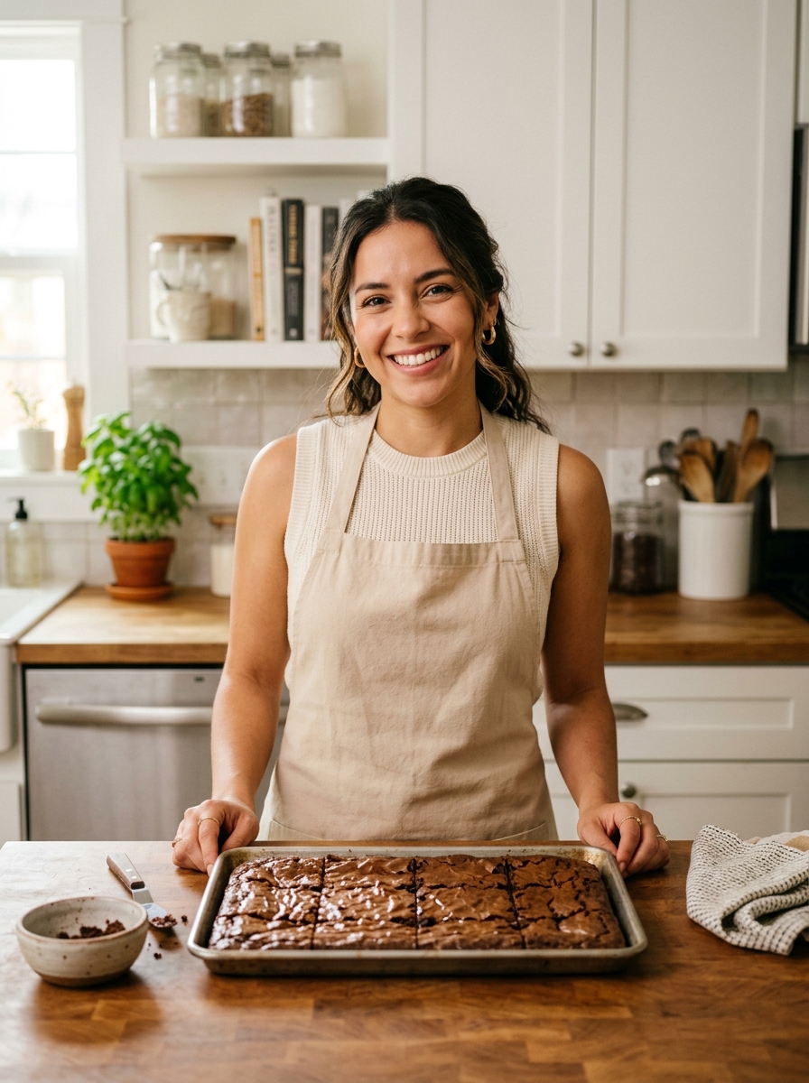 Chef en delantal verde con brownies